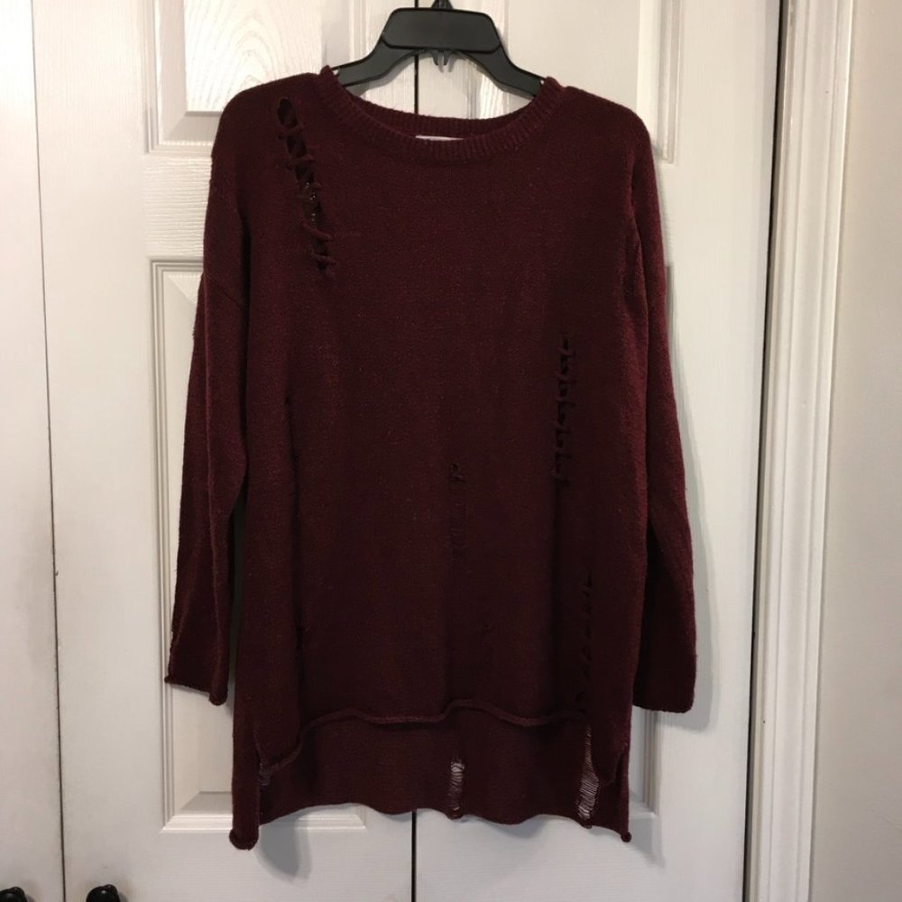 Catwalk Studio Distressed High/Low Burgundy Sweater